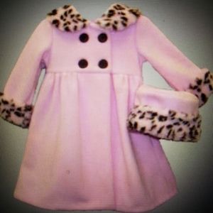 Girl 2 piece 4T Pink Brown animal print faux fur trim fleece Dress-Coat with hat